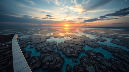 Sunset over stone formations serene waters