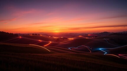 Sunset over rolling hills with luminous trails