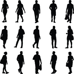 Silhouettes of young adults walking and standing in casual clothing with handbags and briefcases, isolated on white for people and fashion design
