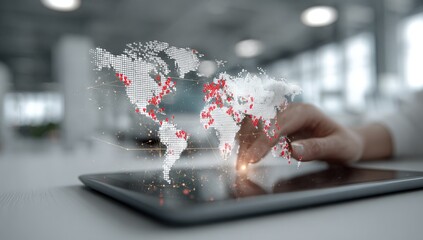 World map overlaid on tablet, hand interacting