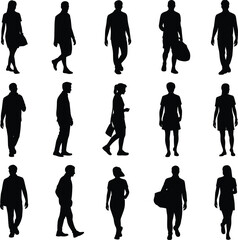 Silhouettes of walking and standing young adults in casual outfits, isolated on white background for design, lifestyle, people, and movement concepts