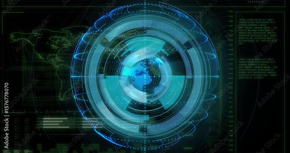 Poster faint world map and scrolling text starting 3d globe rotating pulsing rings forming scanning hud