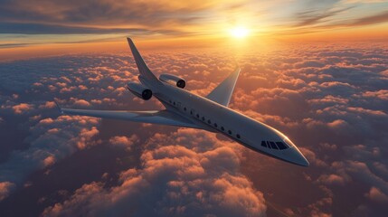Private Jet Soaring Above Sunset Clouds