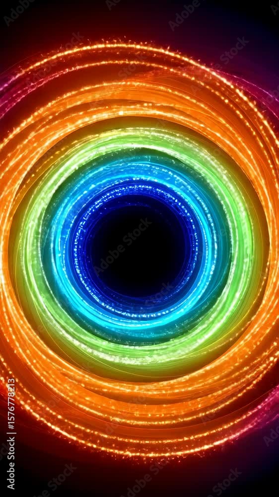 Poster vibrant abstract circular pattern with glowing swirling colors against dark background