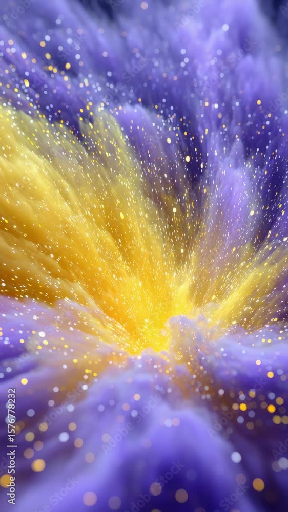 Poster vibrant explosion of purple and yellow colors with sparkling particles creating a mesmerizing cosmic