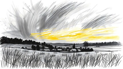 Tempestuous sky over village fields edge