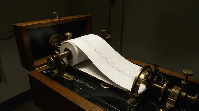 Antique telegraph machine printing signal data on paper