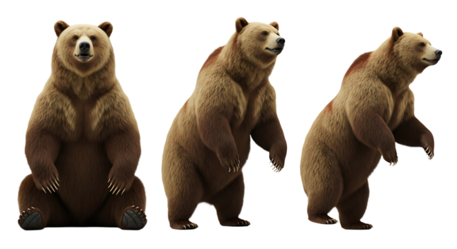 Three Brown Bears in Varied Poses Sitting Standing and Partially Standing.
