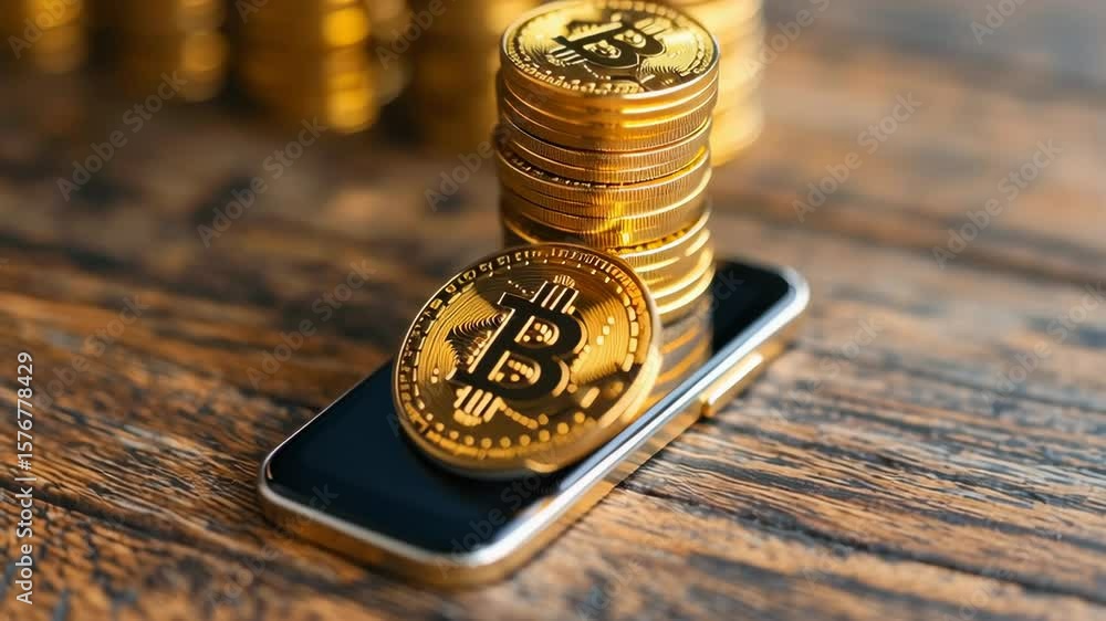Poster stacks of shiny bitcoin coins sit atop a smartphone on a rustic wooden table, representing digital c