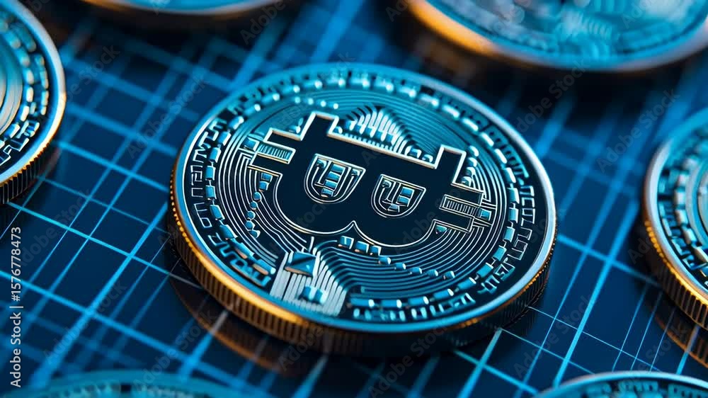 Poster a shiny physical bitcoin coin rests on a blue grid background, symbolizing digital currency and bloc