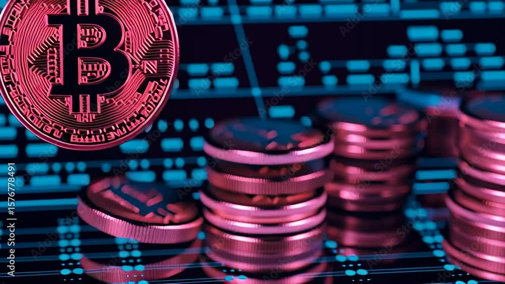 Poster a glowing pink bitcoin coin in focus with stacks of coins and digital charts blurred in the backgrou