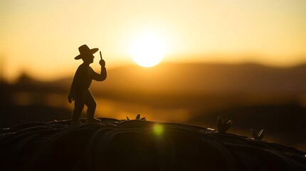 Toy sheriff gazes toward sunset vista