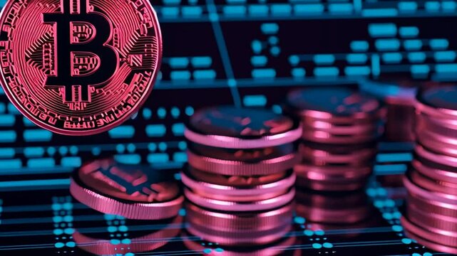 A glowing pink bitcoin coin in focus with stacks of coins and digital charts blurred in the background.