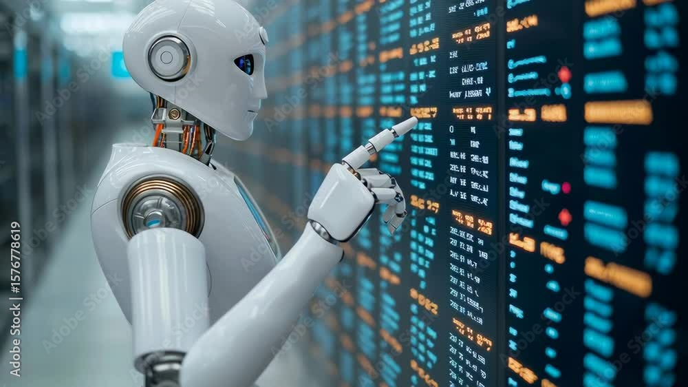 Poster a humanoid robot analyzes data on a digital screen in a modern, high-tech environment.