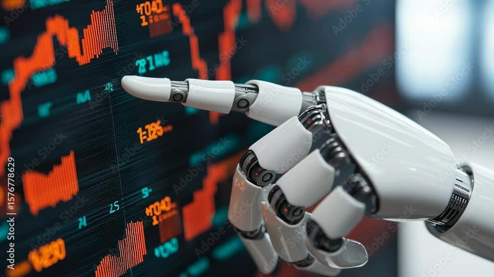 Poster a robotic hand is pointing at a digital financial chart displaying fluctuating stock market data.