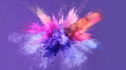 A vibrant explosion of pastel - colored powder against a deep purple background, creating a dynamic and eye - catching visual. The pastel hues of the powder, including soft pinks, blues, and yellows, 