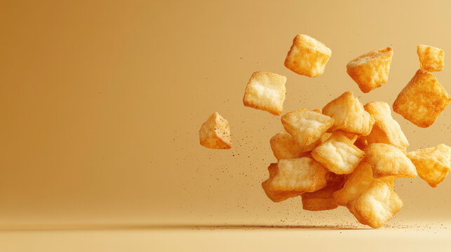 Crispy snack pieces exploding in mid air with seasoning powder flying around on beige background