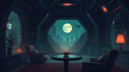 Tranquil space lounge overlooking a futuristic cityscape by moonlight