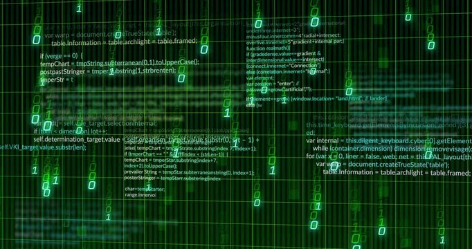 Grid initializing, binary digits descending over scrolling code snippets, showing data environment