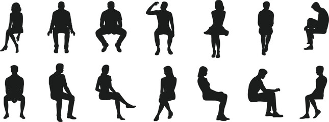Silhouettes of diverse people sitting in different postures, casual and formal poses, isolated on white background for design and presentation use
