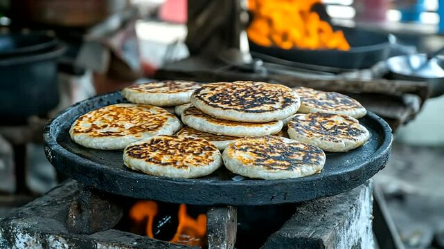 Round flatbreads cooking on a hot griddle over an open fire