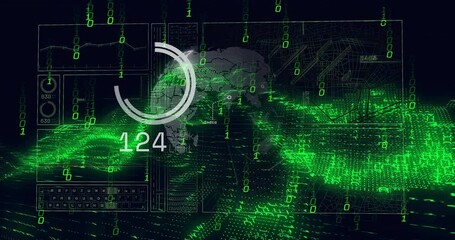 Opening dark void with binary code globe emerging, gauge counting up visualizing data streams - Powered by Adobe