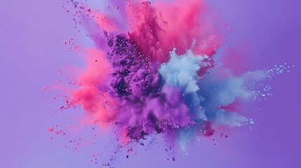 A vibrant explosion of pastel - colored powder against a deep purple background, creating a dynamic and eye - catching visual. The pastel hues of the powder, including soft pinks, blues, and yellows, 