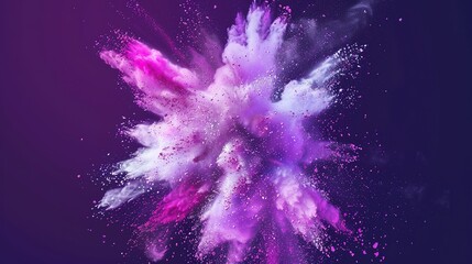 A vibrant explosion of pastel - colored powder against a deep purple background, creating a dynamic and eye - catching visual. The pastel hues of the powder, including soft pinks, blues, and yellows, 