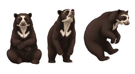 Three Spectacled Bears in Different Poses with Distinctive Facial Markings.