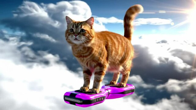 Cat floats on hoverboards amongst clouds