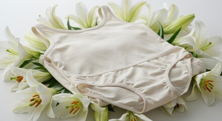Close-up of a singlet and panties on a bed of fresh white lilies,