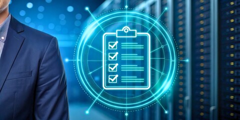 Businessman in Suit Overseeing Digital Checklist in Modern Server Room Environment