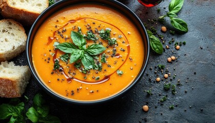 A black bowl of pumpkin soup is garnished with basil and herbs. Use it for food blogs, cookbooks, or promoting fall recipes.