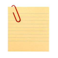 Light yellow lined paper with a red paper clip isolated on white or transparent png

