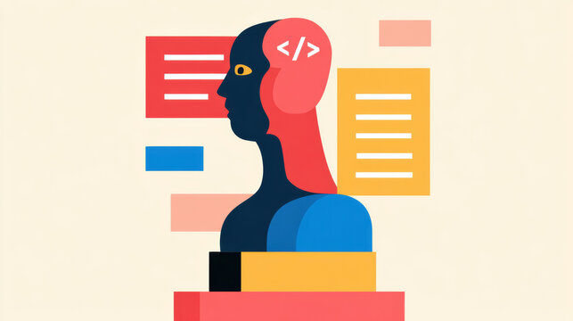 Abstract illustration of a human head with code symbols and colorful blocks, representing programming, technology, and digital thinking.