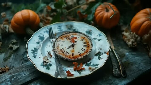 A rustic autumn table setting featuring a clock on a plate surrounded by pumpkins and leaves