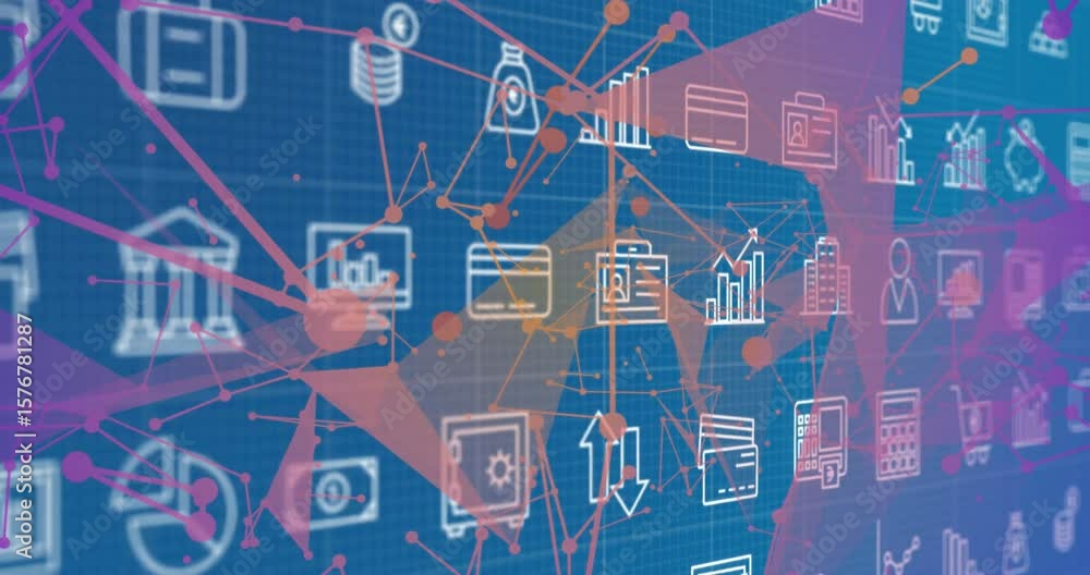 Poster after pause pink nodes linking icons, orange triangles pulsing across icons, visualizing network