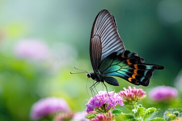 Fototapeta premium A colorful butterfly perched delicately on a blooming flower its wings glistening in the sunlight while a soft breeze