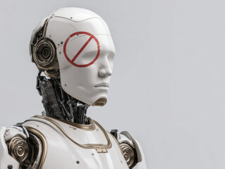  futuristic humanoid robot with a white face and a red prohibition symbol on its forehead, showcasing advanced mechanical components and engineering.