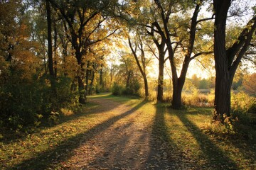 Naklejka premium Golden-leaved trees casting long shadows across a peaceful walking trail in late afternoon light.