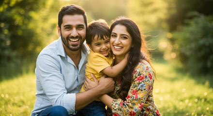 Fototapeta premium Parents and their young toddler son sharing a joyful moment together while sitting on the lush green grass during a beautiful golden hour.