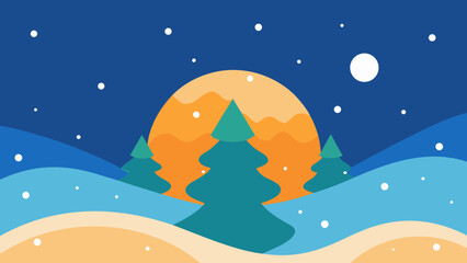 Naklejka premium Winter Solstice A Minimalist Landscape Illustration of Snow, Trees, and a Setting Sun