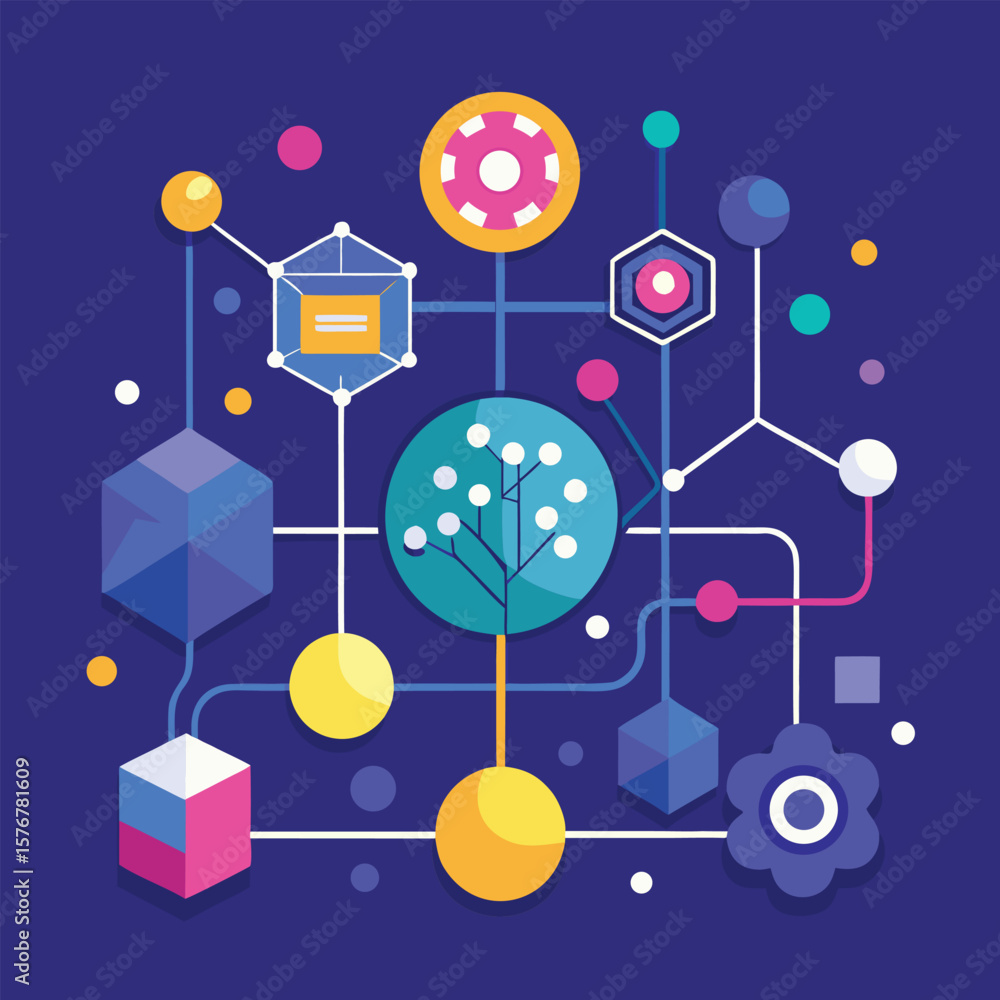 Poster abstract network of colorful geometric shapes connected on a dark blue background