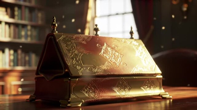 Mysterious ornate gold box with a hinge in a library setting surrounded by fantasy ambiance