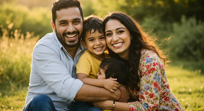 Family embracing together in a sunlit meadow represents the joy of unconditional love and togetherness during a peaceful afternoon in the countryside.