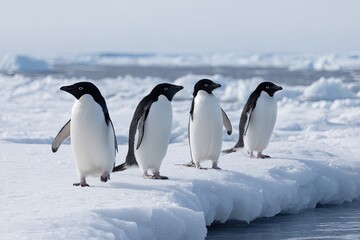 Obraz premium A family of penguins waddling across an icy landscape their black-and-white feathers standing out against the snow and ice