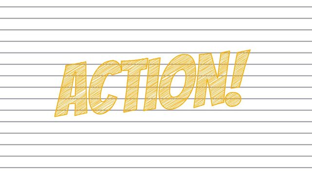 Animation of the word "Action!" in orange with a doodle effect, on a notebook background.