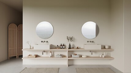 Minimalist bathroom with dual sinks and round mirrors image