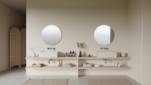 Minimalist bathroom with dual sinks and round mirrors image