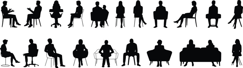 Silhouettes of people sitting on chairs and sofas in casual and professional poses, isolated on white background, suitable for office, interview scenes